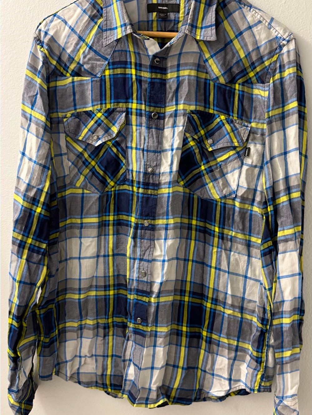 Diesel Plaid Button-Down Shirt in Blue, Gray & Yellow